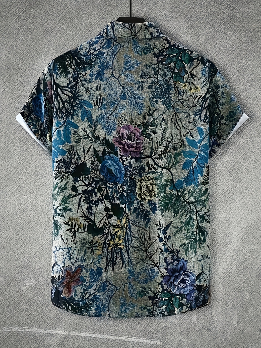 Men's Hawaiian Hibiscus Button- Shirt - Short Sleeve Collar Button-Up Shirt with Hawaiian Flower Print, Machine Washable Summer Beachwear for Vacation, Hawaiian & Casual Outfits - Non-Stretch Suitable for Hawaii Style - Multicolor