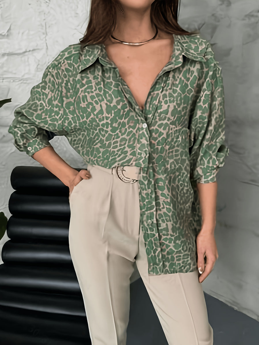 Women'S Green Leopard Print Casual Shirt with Pockets, Decorative Buttons, Long Sleeve, Suitable for Spring And Autumn - Green
