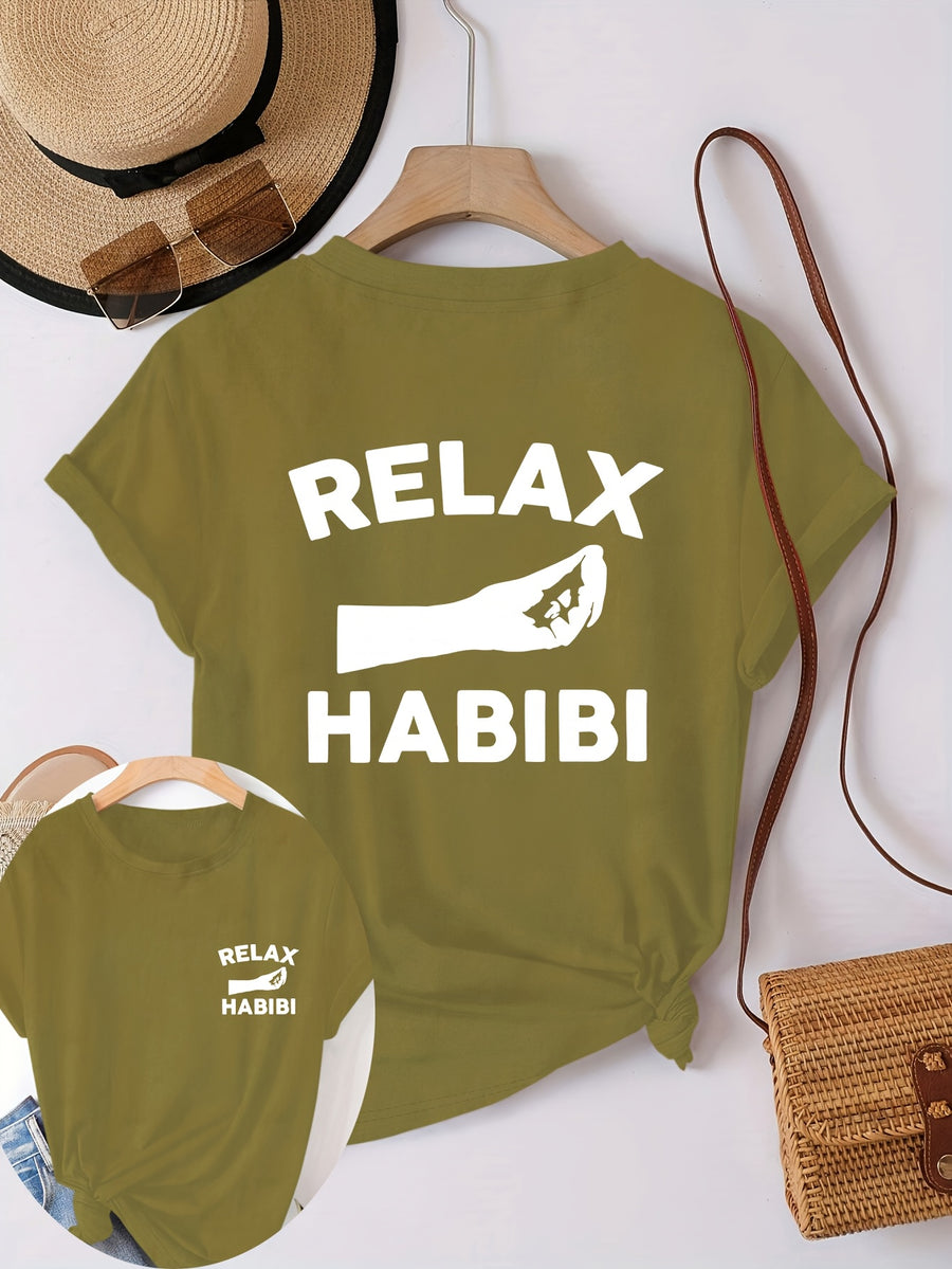 Front And Back Printed Women'S Fashion Base Print T-Shirt, Soft And Versatile, Casual Style Printed Pattern with RELAX HABIBI Lettering And Hand Gesture Design Printed Short Sleeve T-Shirt, Suitable for Casual Wear, Fashion All-Season Top - Olive Green