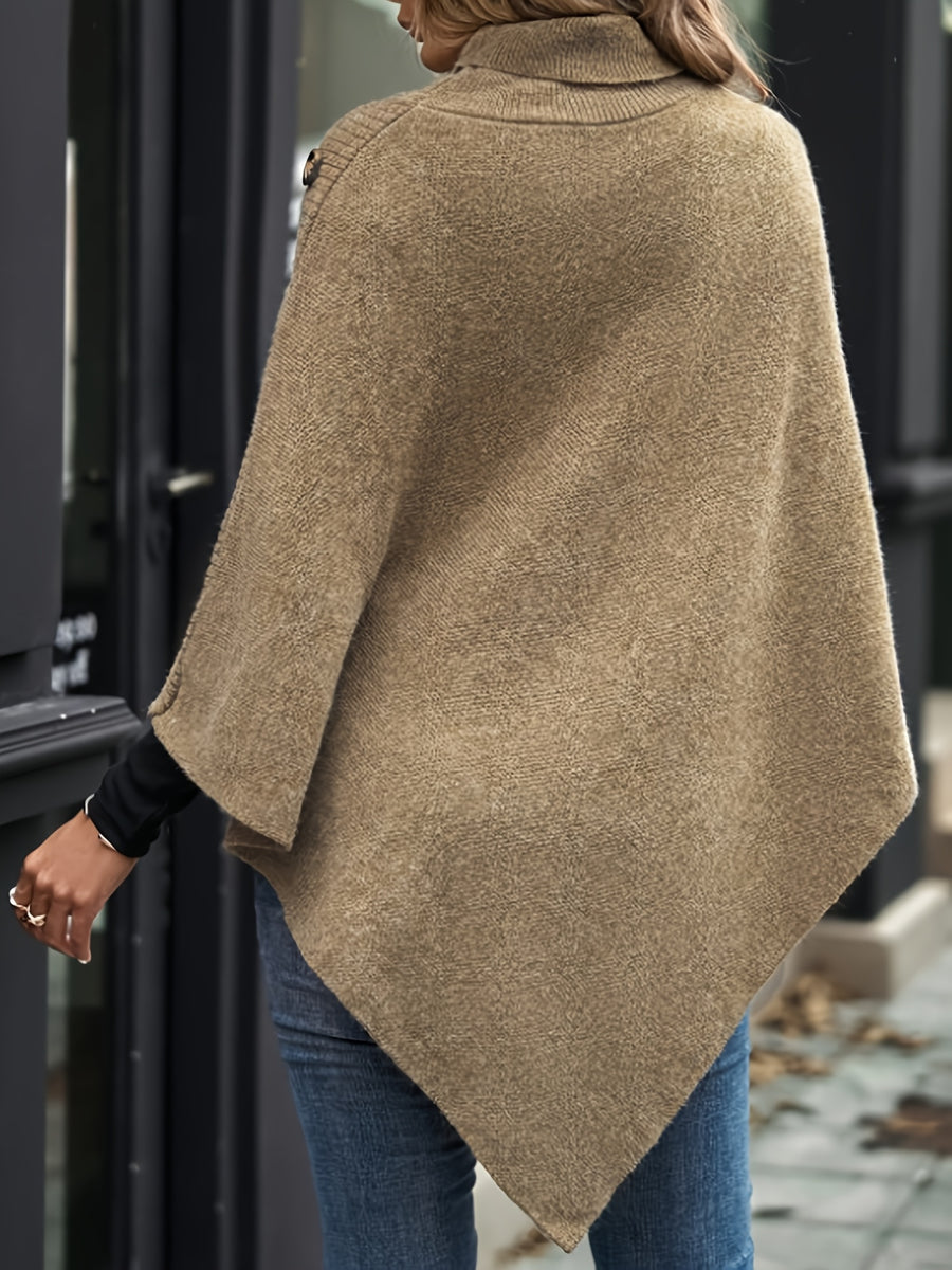 Elegant Special "Slim Fit Bust" 1 Elegant Women's Solid Color High-neck Shawl Pullover, Side Faux Button Decoration, Asymmetrical Design, 100% Polyester, Fashionable and Elegant Vintage Ethnic Style Pullover, Suitable for Spring, Autumn, and Winter - Khaki