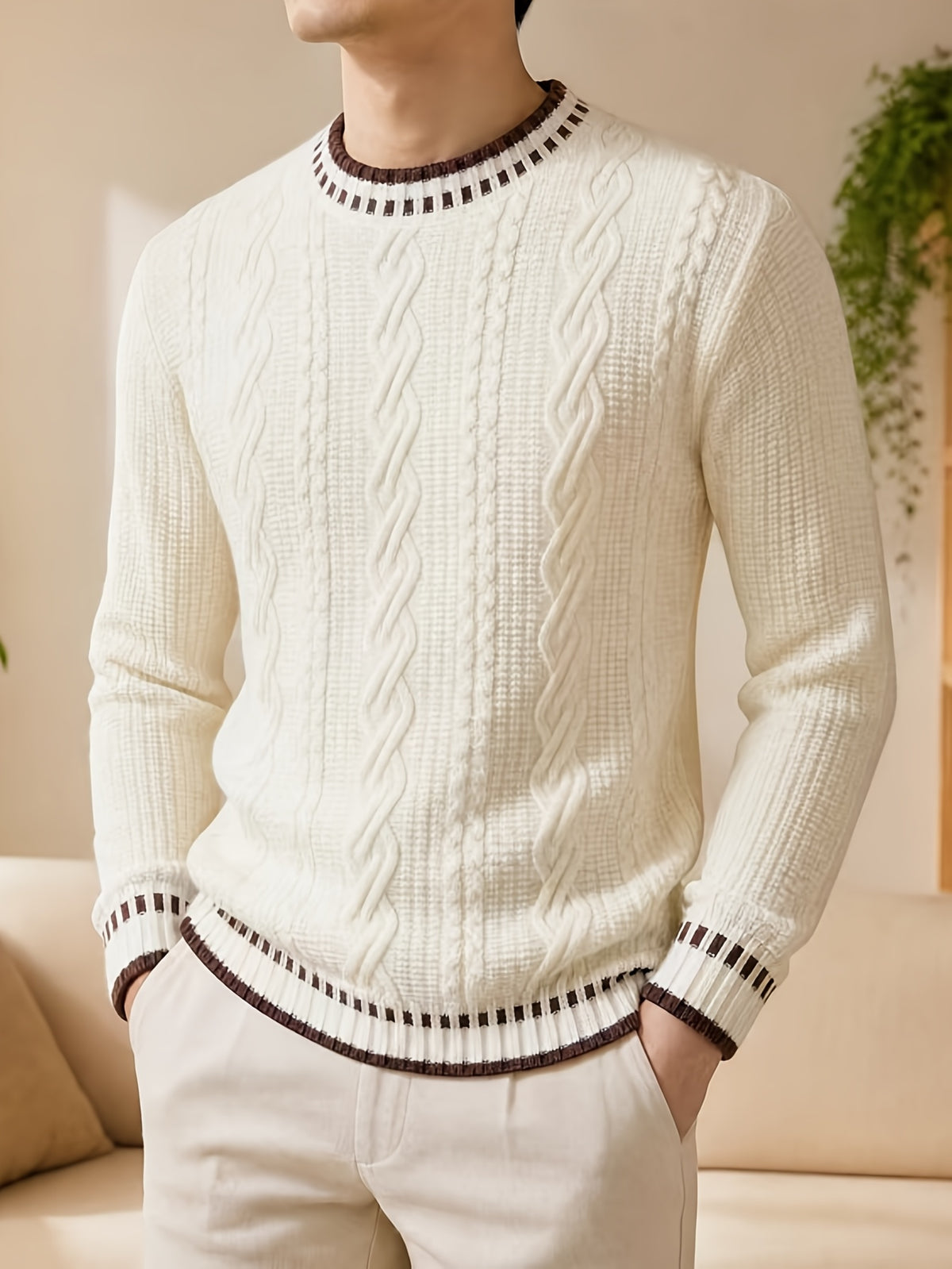Black Friday, Christmas, Thanksgiving Pre-Heat, Men's Acrylic Blend Five-Color Options, Cable Knit, Contrast Stripe Ribbed Crew Neck Pullover Sweater with Contrast Stripes at Neckline, Cuffs, and Hem, Vintage Casual Daily Wear for Autumn/Winter - Off-white