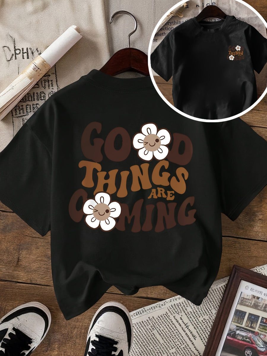 2026 Fashion New Women'S Round Neck English Letter Floral Print Fashion Short Sleeve Summer Casual T-Shirt - Black