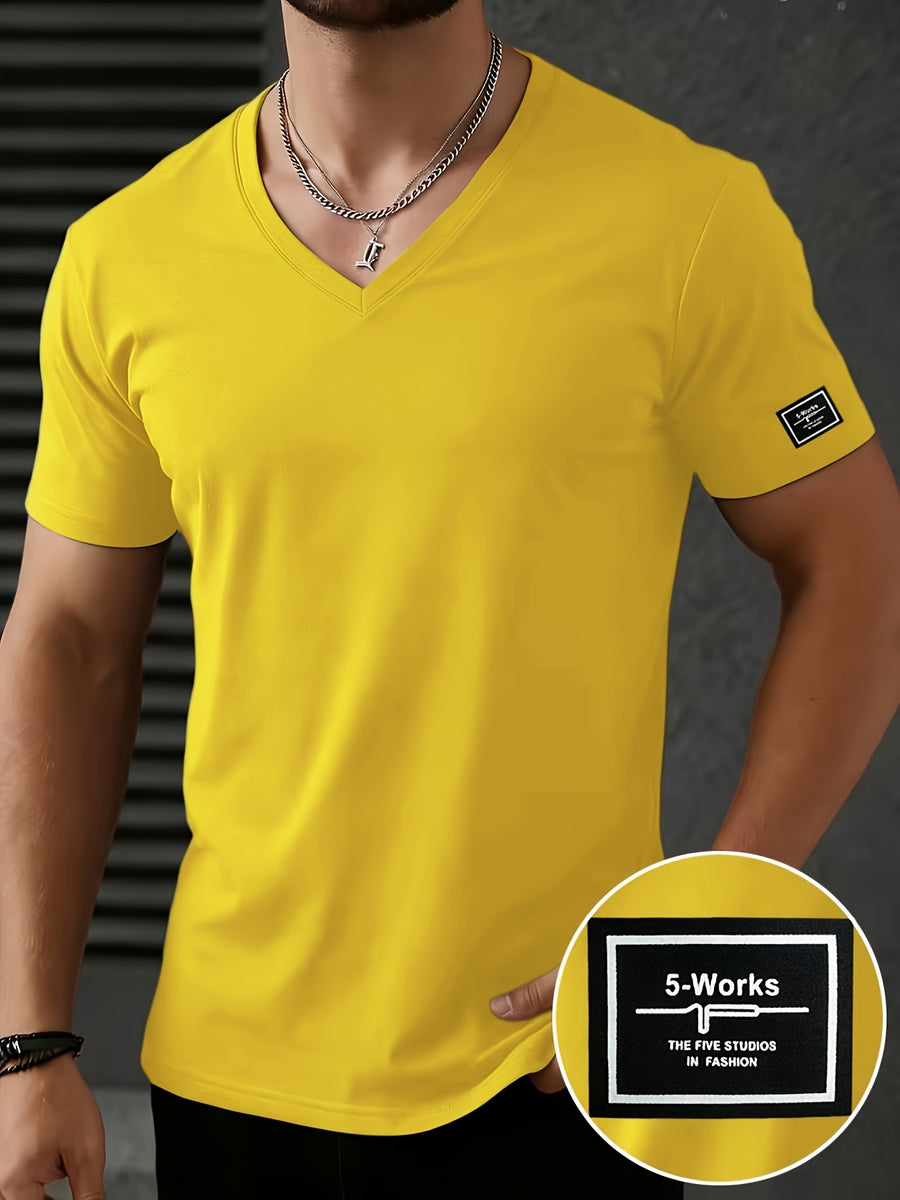 Men'S Patchwork V-Neck Short Sleeve T-Shirt, Suitable for Summer Outdoor Casual Wear, Casual Versatile Knit Top - Yellow 3
