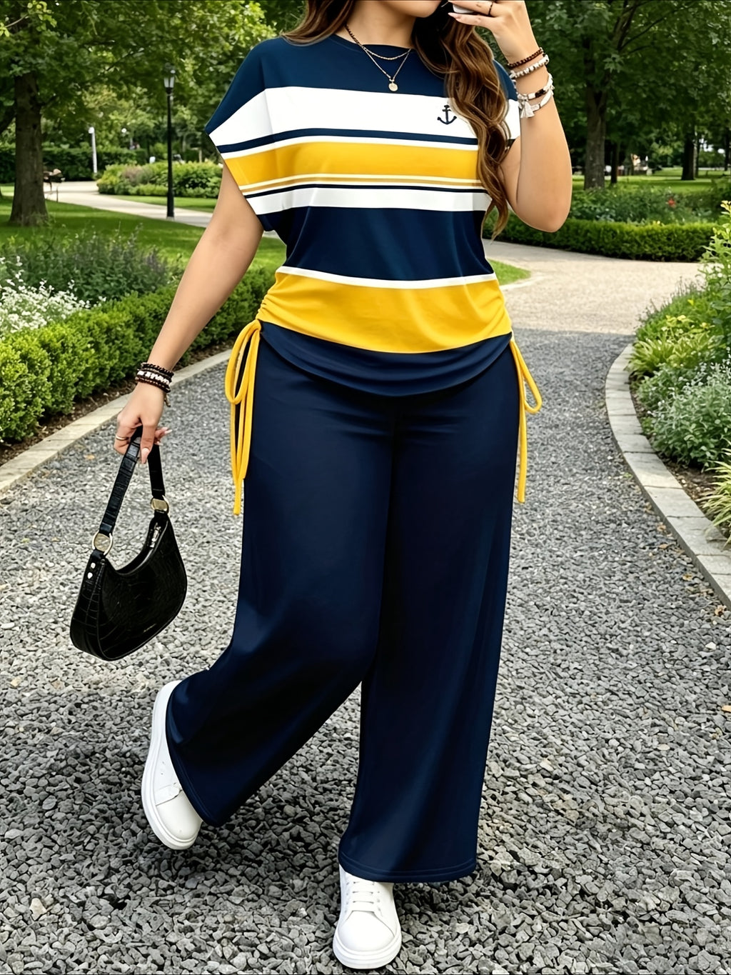Ladies Two-Piece Set - Casual Minimalist Vacation Style Two-Piece Set - Red And Blue Stripe Design, Suitable for Summer And Autumn Transition Wear, Bow Side Drawstring - Mixed Color 2