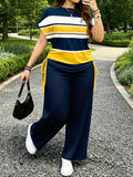 Ladies Two-Piece Set - Casual Minimalist Vacation Style Two-Piece Set - Red And Blue Stripe Design, Suitable for Summer And Autumn Transition Wear, Bow Side Drawstring - Mixed Color 2