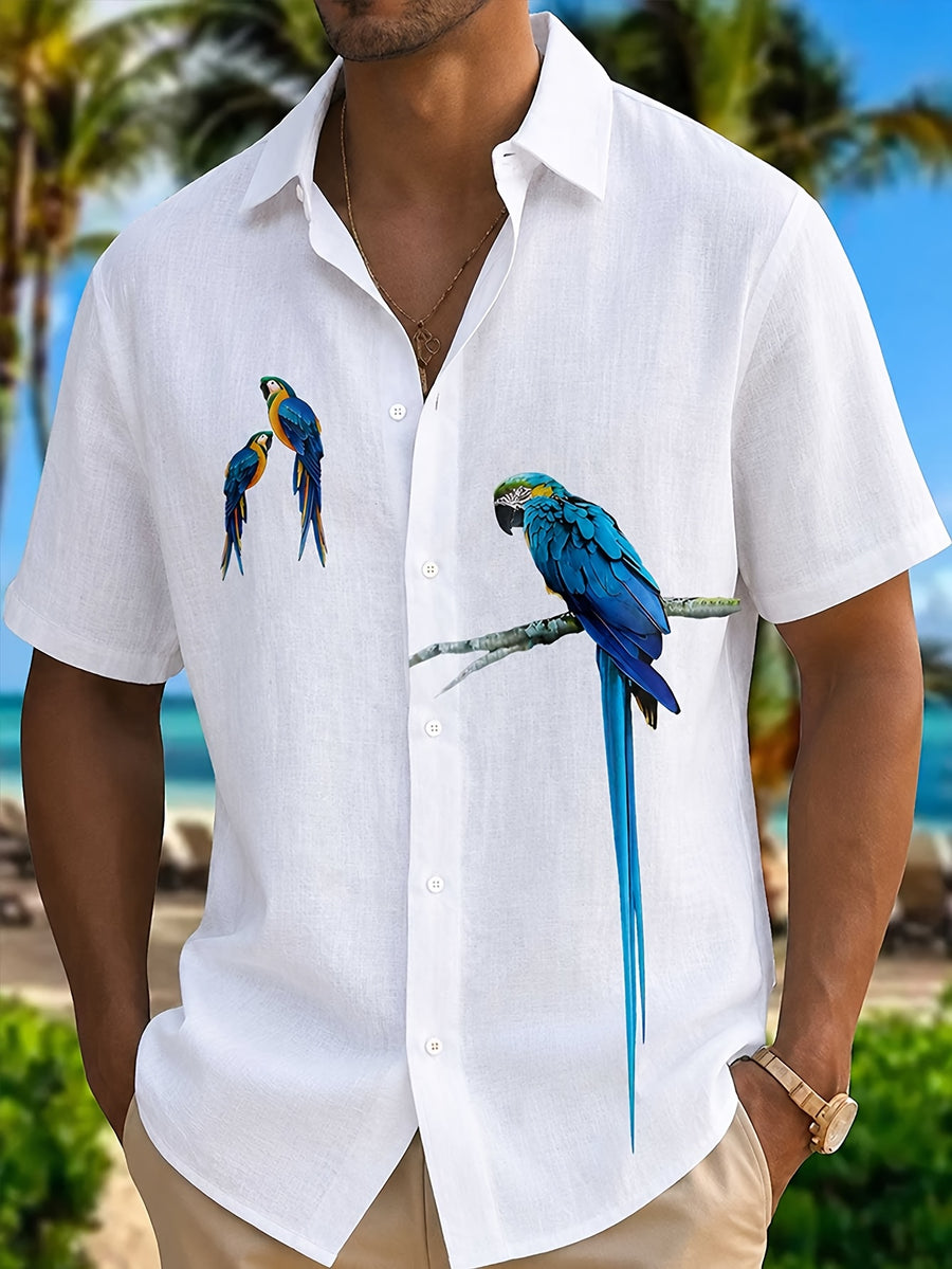 Men'S 100% Hawaiian Style Parrot Print Short Sleeve Shirt, Summer Vacation Casual Lapel Shirt, Daily Versatile - White