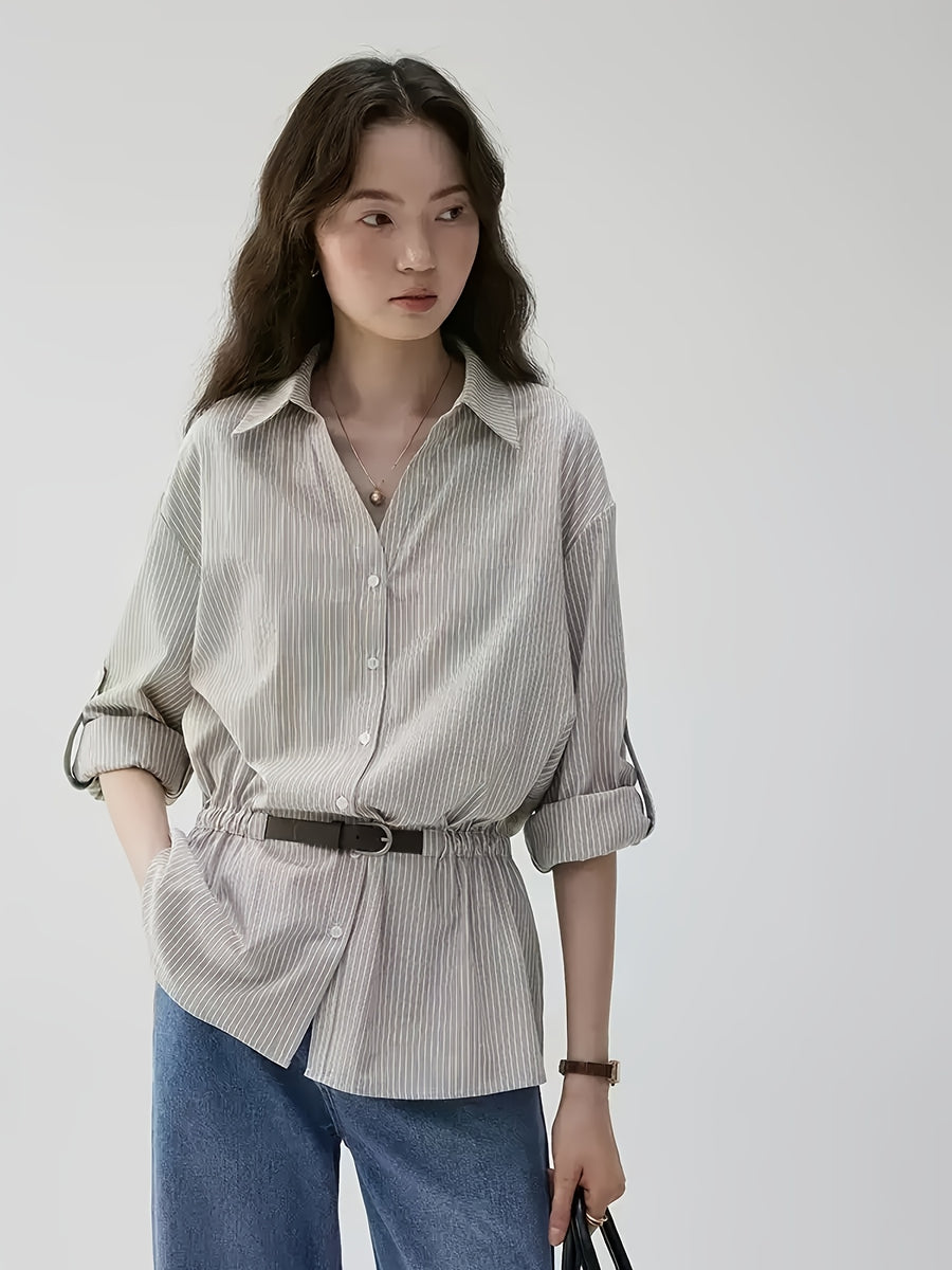 Korean-style V-neck Waist-Cinching Striped Long-Sleeve Shirt for Women, and Elegant Commuter Top, 2026 New Loose Fit Versatile Style - Gray Stripes
