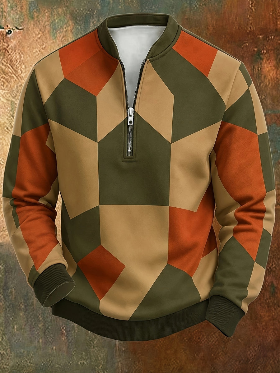 [Print Design - Not Textured] Men'S Retro Geometric Color-Block Digital Print Half-Zip Stand Collar Sweatshirt, Spring/Autumn Loose Casual Top, Daily Commute Outdoor Wear - Mix color 5