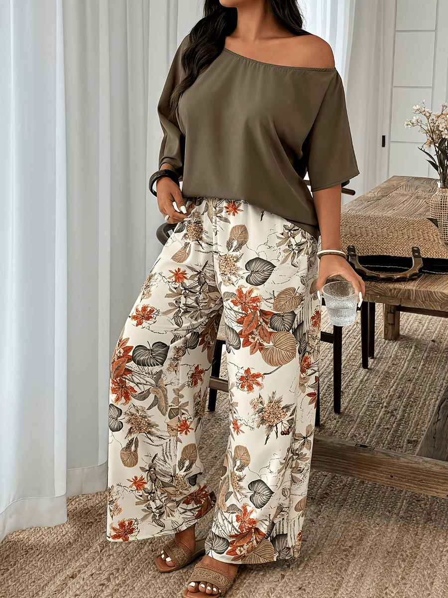 European and American Style Women's Elegant 2pcs Set: Solid Color Off-Shoulder Loose Pullover Paired with Floral Print Pants,, Comfortable, Versatile for Commuting and Vacation, Fashionable Set - Khaki