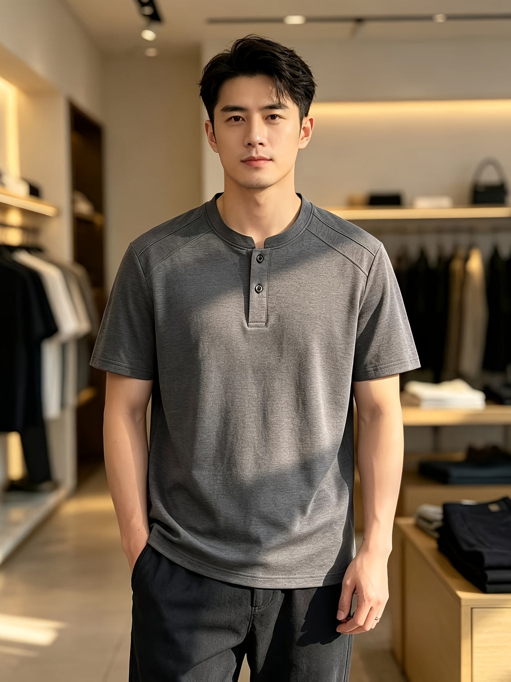 Men'S Solid Black Split Shoulder Mandarin Henley Collar Short Sleeve Top, Summer Office Daily Commute Golf City Street Outfit, Stretch Wrinkle Resistant Cooling Breathable 2-Button Tee, Middle-Aged Gentleman Business Casual Outfit, Minimalist Stand - Grey