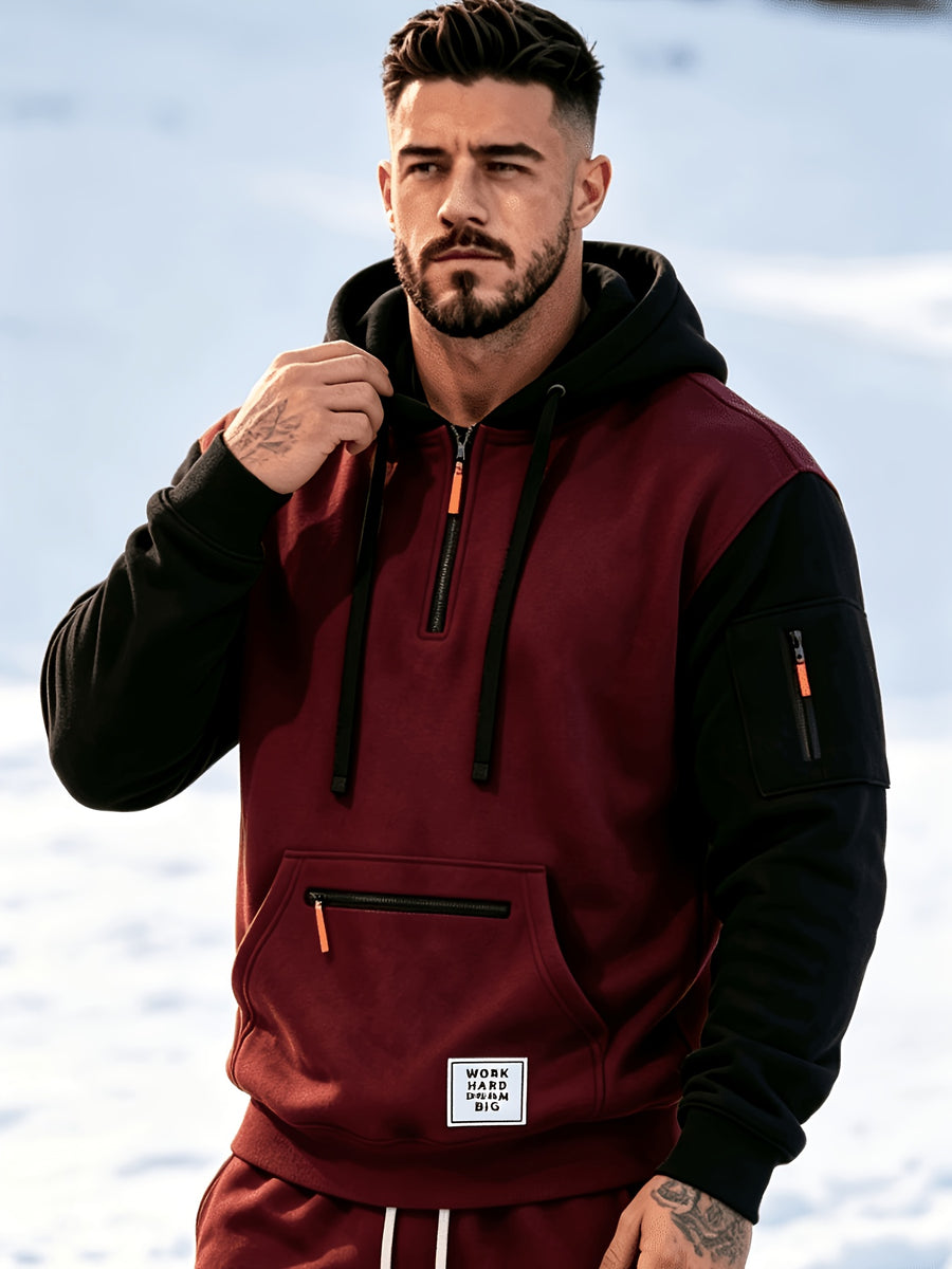 Men'S Fashion Color-Block Pullover Sweatshirt Jacket, Men'S Casual Zipper-Decorated Half-Open Cardigan Sweatshirt Top - Deep Red