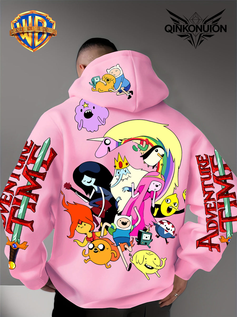 Warner Official Men's Hooded Sweatshirt, Adventure Treasure Colorful All Party Carnival Gathering Print Design, Machine Washable, Warm and Casual for Autumn and Winter, Daily Drawstring Hooded Sweatshirt, Multifunctional Sports and Leisure Loose Fit - Pink Color