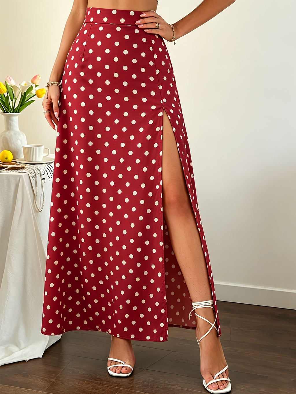 Polka Dot Print High Waist Side Slit Long Skirt - Red