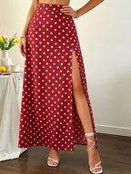 Polka Dot Print High Waist Side Slit Long Skirt - Red