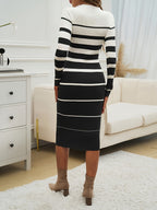 Stylish Commuter Casual Slim Fit Sweater Dress with Round Neck, Long Sleeves and Hip-Hugging Design in Striped Contrast for All Seasons - White