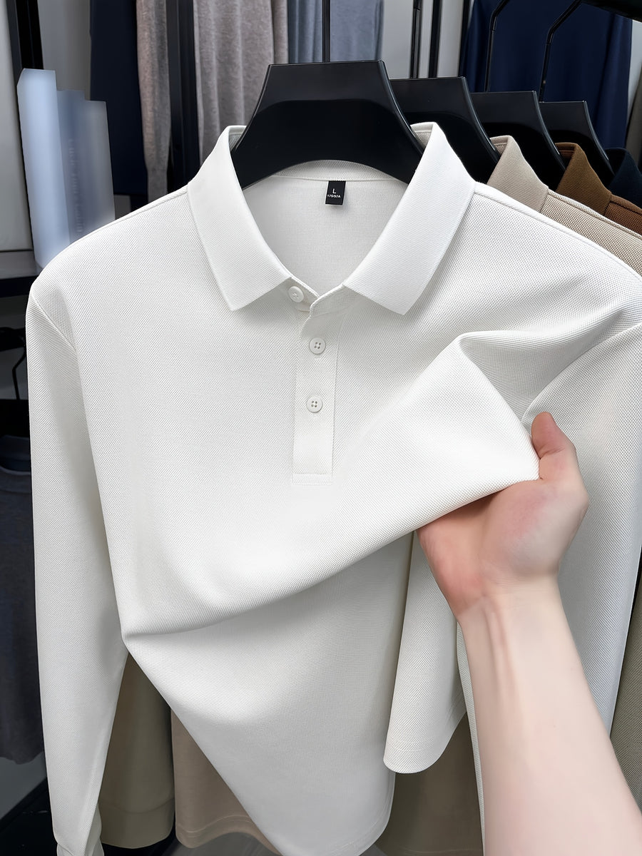 Autumn New Men'S Long Sleeve Henley Polo Shirt, Easy Lapel 3-Button Top, Casual Commute Wear, Comfortable And Skin-Friendly, Versatile Basic Men'S Clothing, Spring/Autumn Inner And Outer Wear, Can Be Worn Alone Or Layered with Jacket, Men'S Gift - White