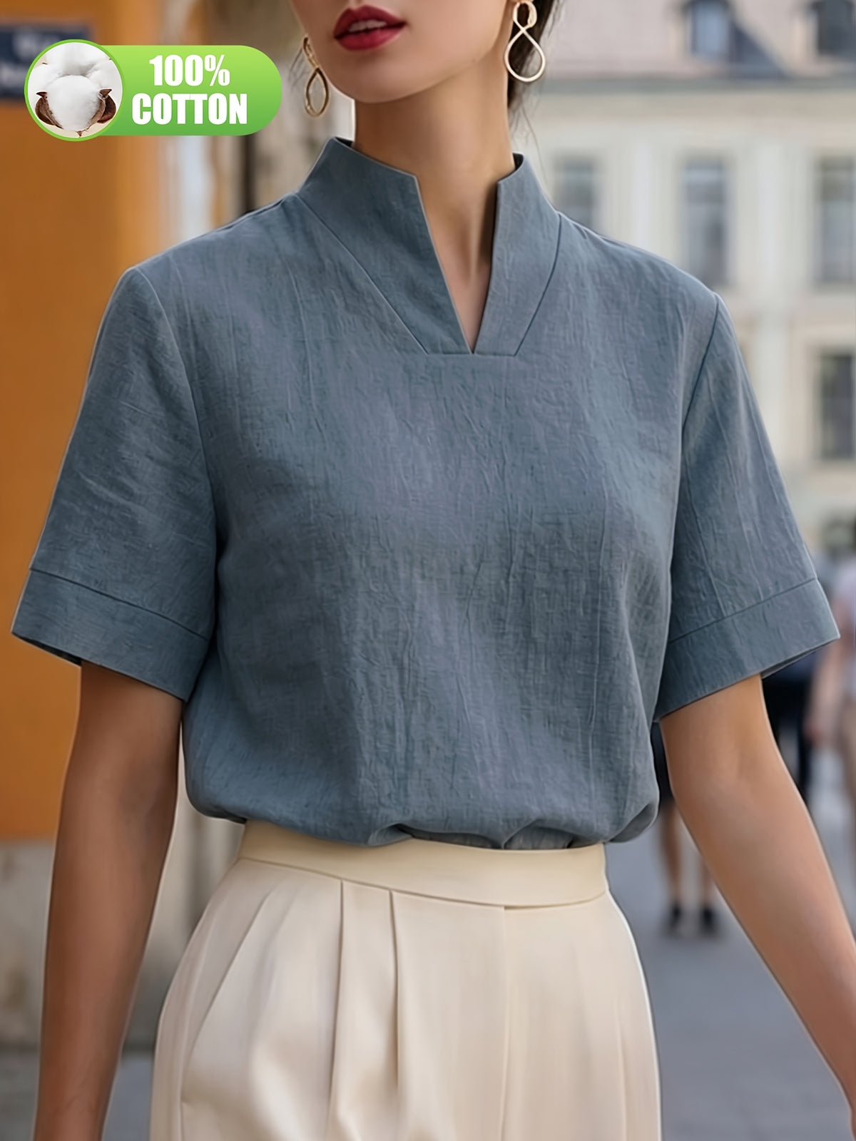 Elegant and Summer New Style Fashionable 100% V-Neck Back Zipper Short Sleeve Everyday Versatile T-Shirt Top ASD1 for Women of Distinguished Temperament - Grey-blue