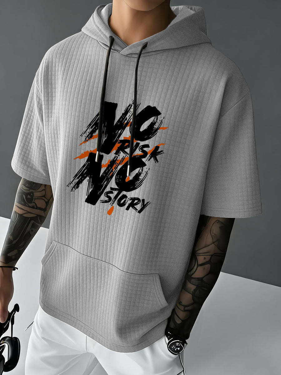 NO RISK NO STORY Men's Waffle Knit Short Sleeve Hoodie Top, Comfortable Printed Drawstring Sweatshirt T-Shirt with Pocket, Summer Casual Fashion Men's Apparel, Suitable for Outings and Home Wear, Suitable for Daily and Formal Wear, Summer Fashion - Grey