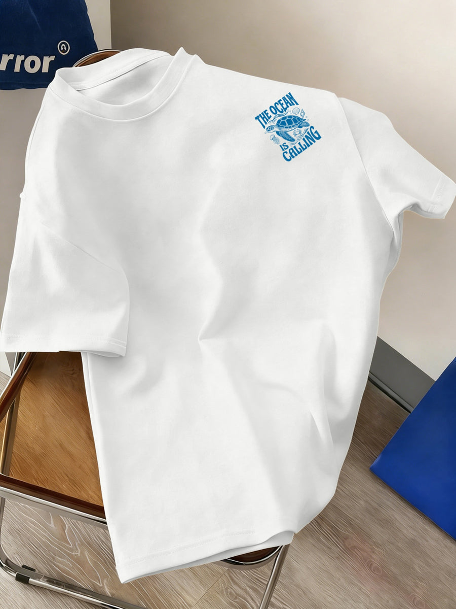 Men's New Style Pure Cotton Short Sleeve Crew Neck T-Shirt with "Ocean Call" Print, Suitable for Vacation, Leisure, Comfortable, Soft, Breathable, Summer Essential - White