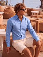Men'S Anti-Moth Long-Sleeved Square-Neck Shirt, Lightweight And Breathable Solid Color Business-Casual Shirt, Loose-Fitting All-Match Basic Shirt for Spring And Summer Commuting And Vacation. Available in Multiple Colors - Light Blue