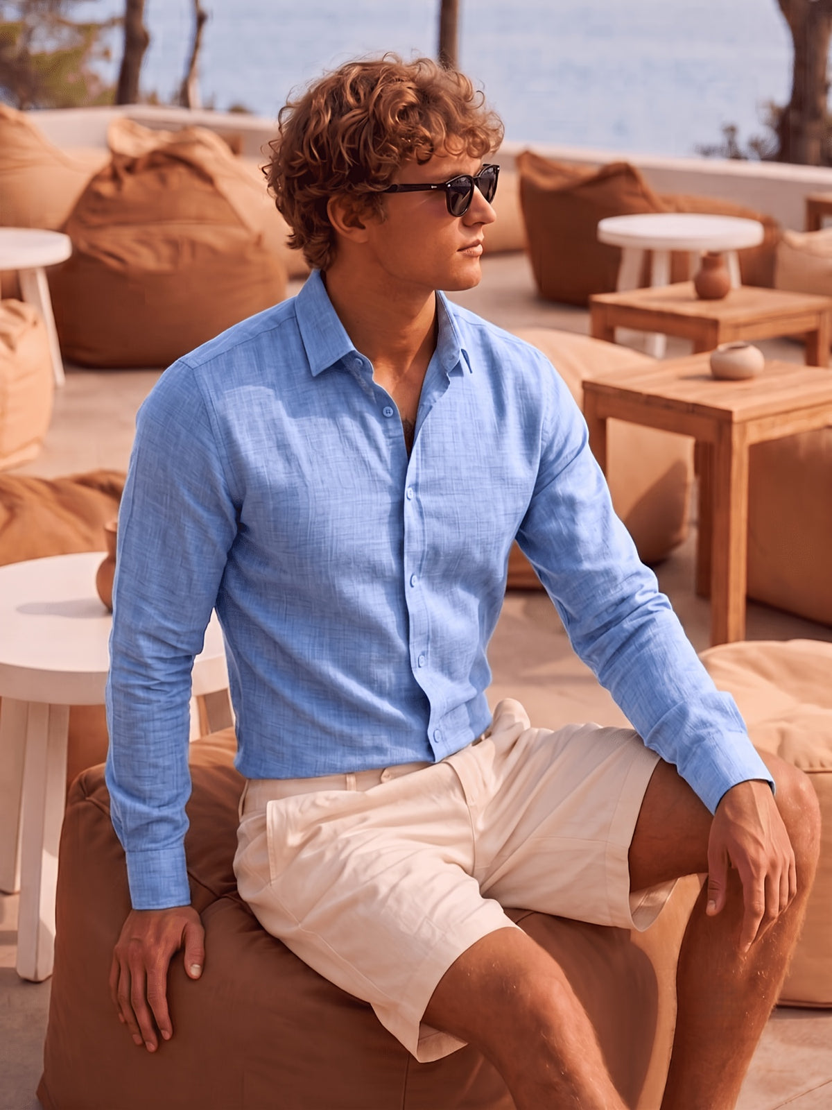 Men'S Anti-Moth Long-Sleeved Square-Neck Shirt, Lightweight And Breathable Solid Color Business-Casual Shirt, Loose-Fitting All-Match Basic Shirt for Spring And Summer Commuting And Vacation. Available in Multiple Colors - Light Blue