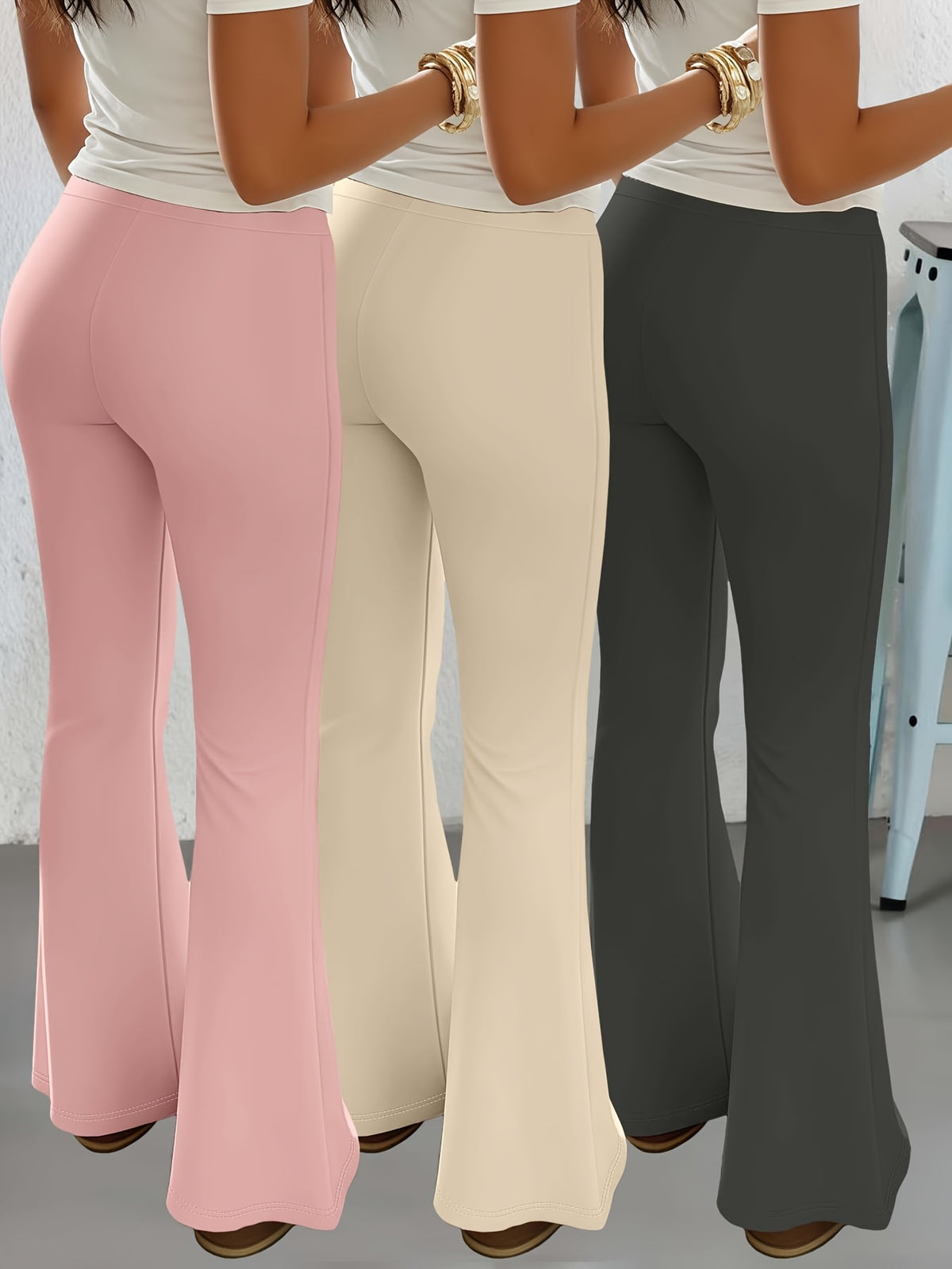 European and American Spring/Summer New Fashion Women's Bottoms: Flared Straight-Leg Pants with Classic English Text Print, Daily Casual Butt-Lifting Peach Butt Long Pants, Three-Piece Set - Pink + Apricot + Dark Gray