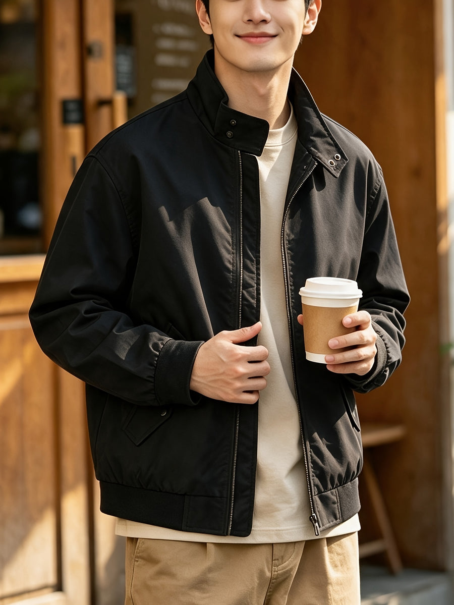 Men'S Spring Autumn Stand-Up Collar Casual Jacket, 100% Loose Fit, Ribbed Cuff Zippered Cardigan Coat, Solid Color Multi-Pocket Men'S Sporty Jacket, Suitable for Commuting, School, Daily Walking, Weekend Outings - Black