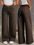 Women'S 2026 New Relaxed Fit Wide-Leg Coffee-Hued Jeans, Featuring a Solid Wash, Long Design with Pockets, Ideal for Versatile And Basic Outfits, Comfortable for Casual Wear, And Suitable for Work, Travel, And Office Settings - Coffee Color