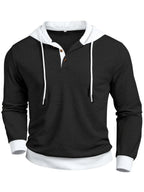 Men'S Casual Sweater Long-Sleeve Outdoor Stitching Hooded Contrast Color Half-Open Placket Design Fashionable Spring And Autumn Henry Hoodie - Black