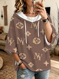 Women's Brown Hooded Sweatshirt with Three-Quarter Sleeves, Featuring a Letter, Star, and Floral Print, Loose Fit with Drawstring, Casual and Versatile Pullover Top - Mixed colors