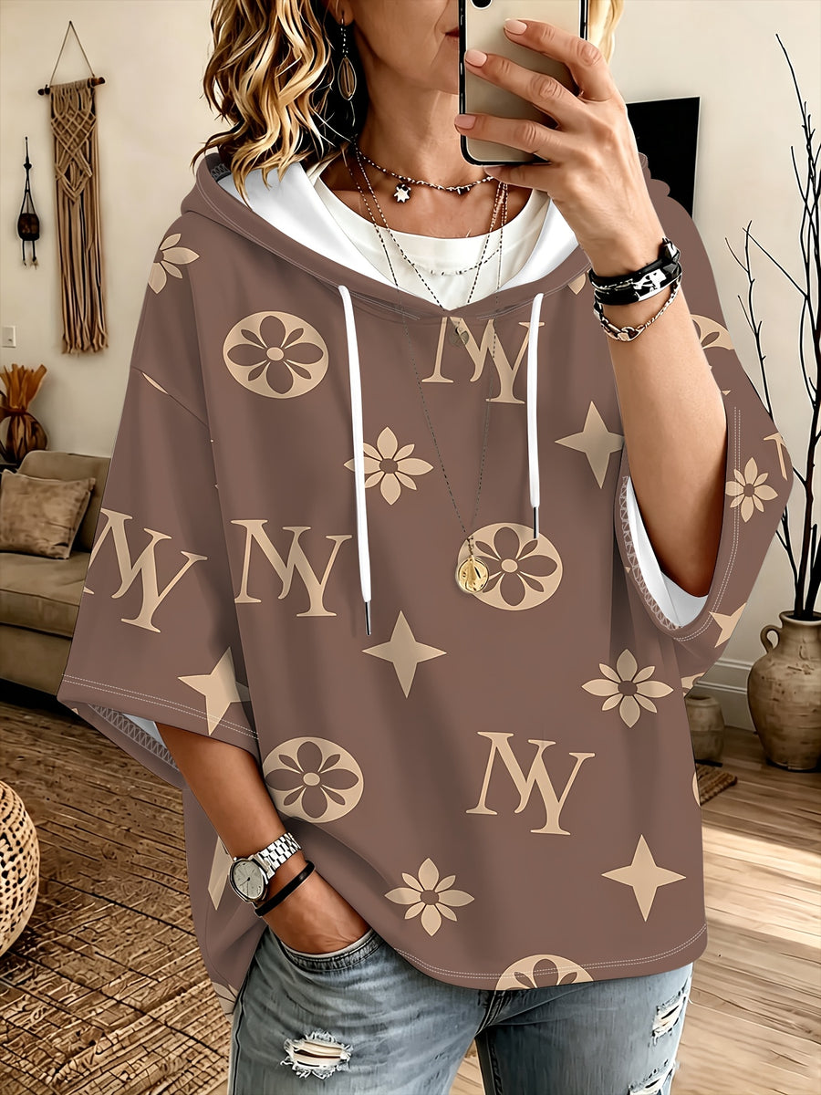 Women's Brown Hooded Sweatshirt with Three-Quarter Sleeves, Featuring a Letter, Star, and Floral Print, Loose Fit with Drawstring, Casual and Versatile Pullover Top - Mixed colors
