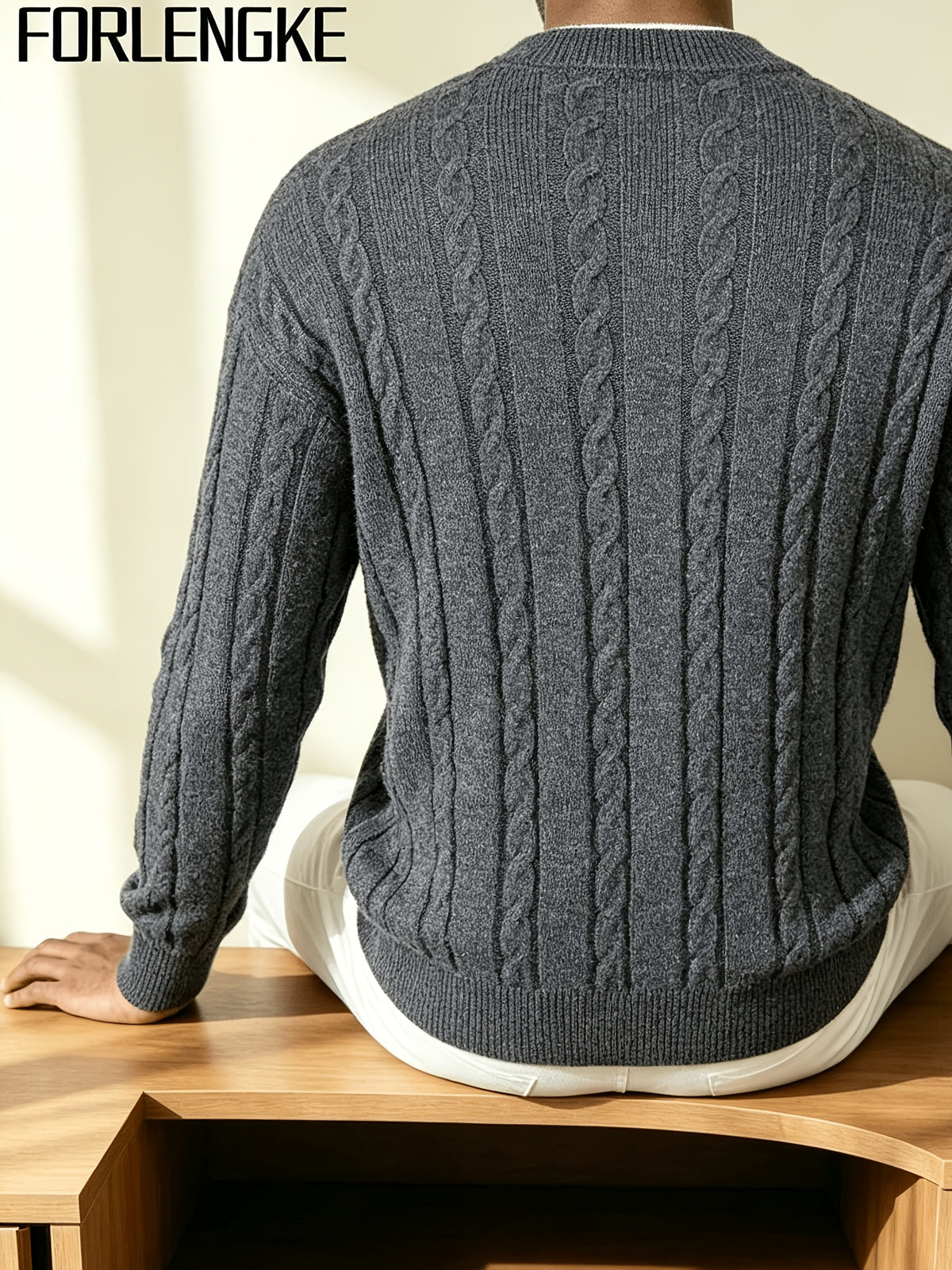 FORLENGKE Men's Autumn/Winter American-Style Relaxed Holiday Twist-Knit Henley Neck Knit Top, Solid Color Versatile for a Vacation Vibe, Suitable for Autumn/Winter Seaside Strolls, Town Wanders, Short Trips, Picnics, and Gatherings - Grey