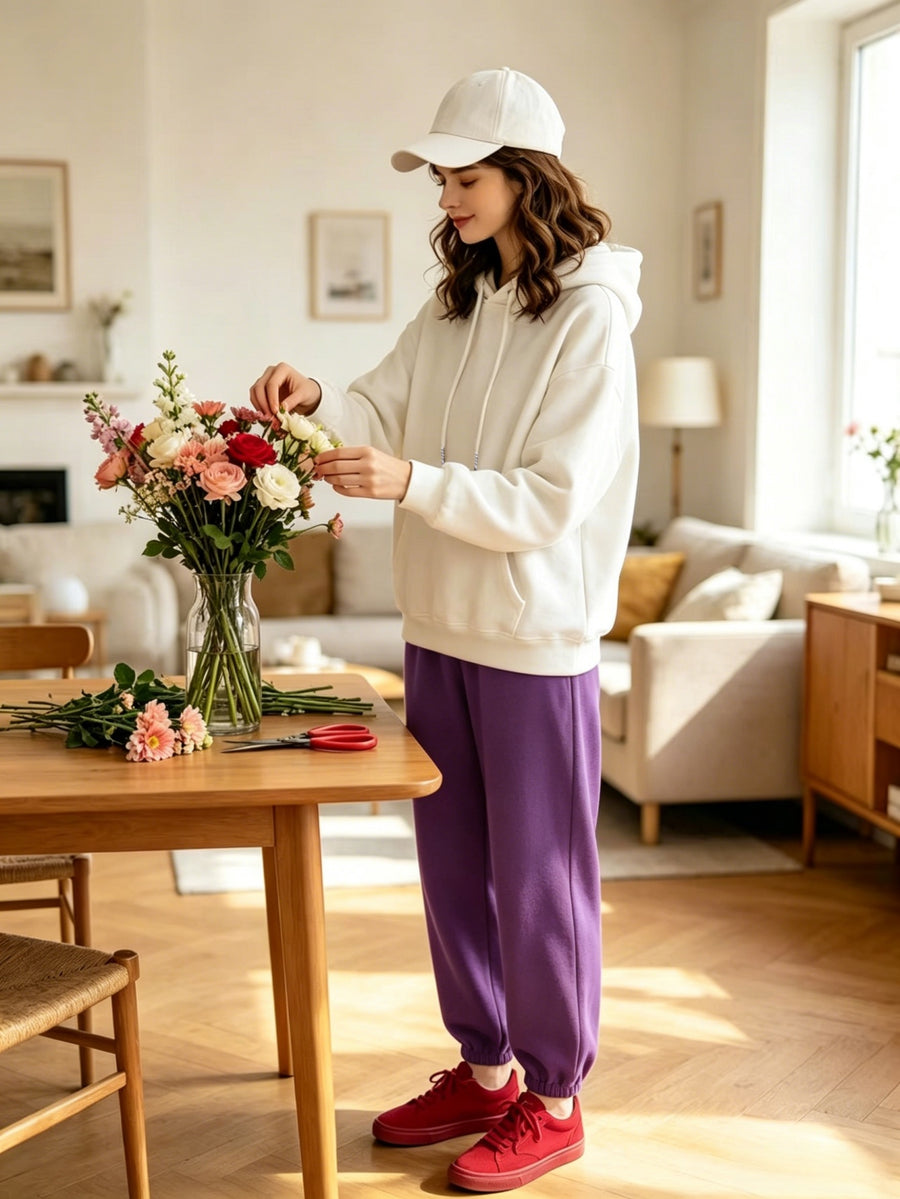 Lazy Style Loose Sweatshirt and Sweatpants Set, Long Sleeve Hooded Top and Jogger Pants, Daily Running Sportswear - White hoodie + purple sweatpants