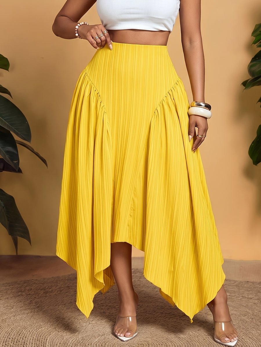 2026 Summer New French Elegant Solid Color Pleated Half Skirt, High-Waist Irregular Flared Long Dress, Vacation Travel Photography Essential Item - Yellow