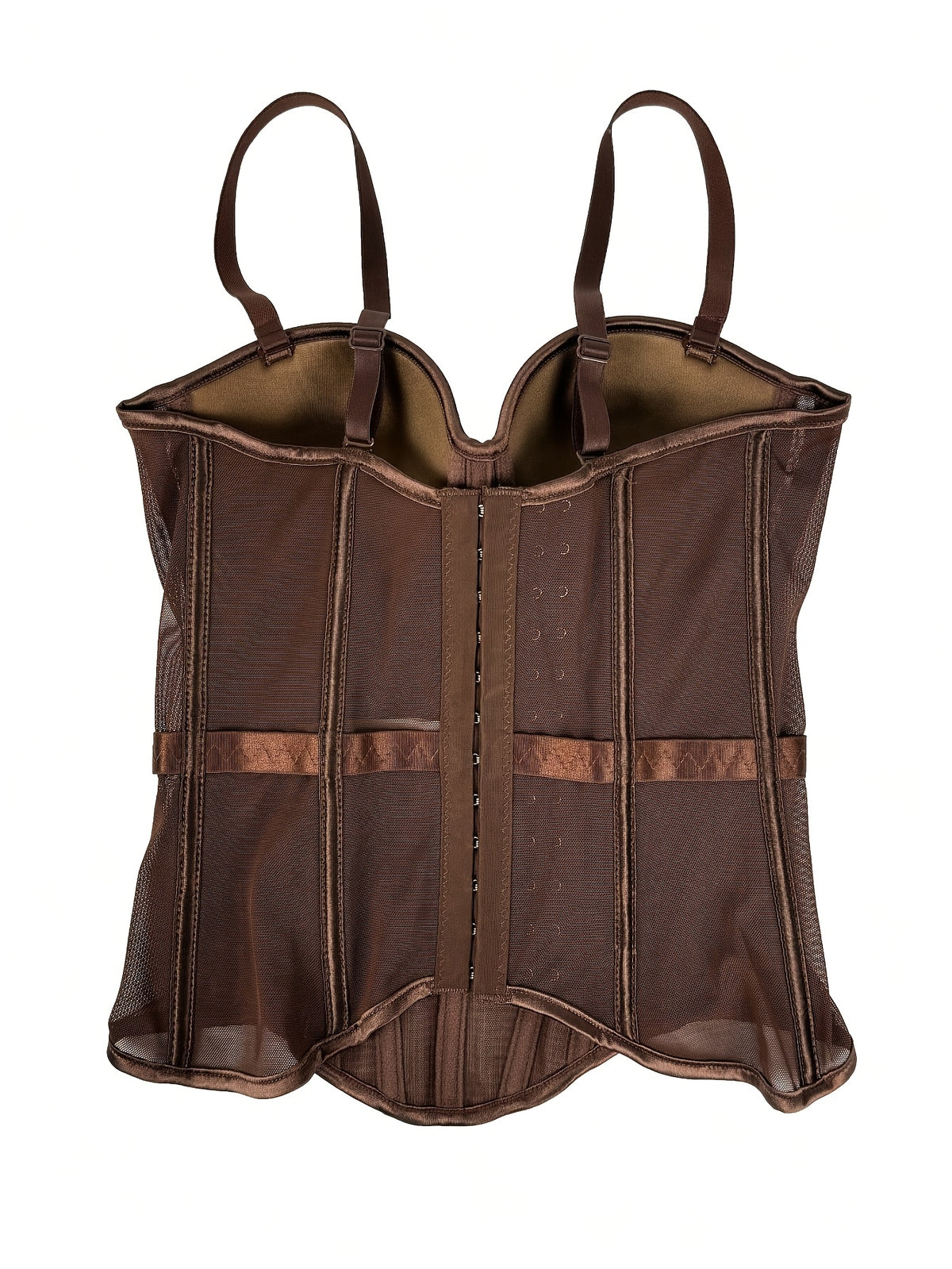 Elegant Mesh Sheer Fishbone Bustier, Tummy Control Shapewear Outerwear Elegant Tight Camisole Top, Stage Performance Strappy Top, Women'S Clothing - Coffee Brown