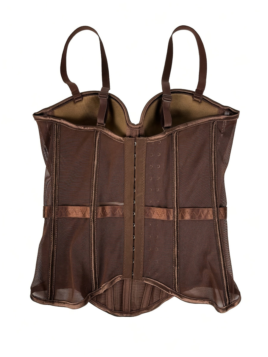 Elegant Mesh Sheer Fishbone Bustier, Tummy Control Shapewear Outerwear Elegant Tight Camisole Top, Stage Performance Strappy Top, Women'S Clothing - Coffee Brown