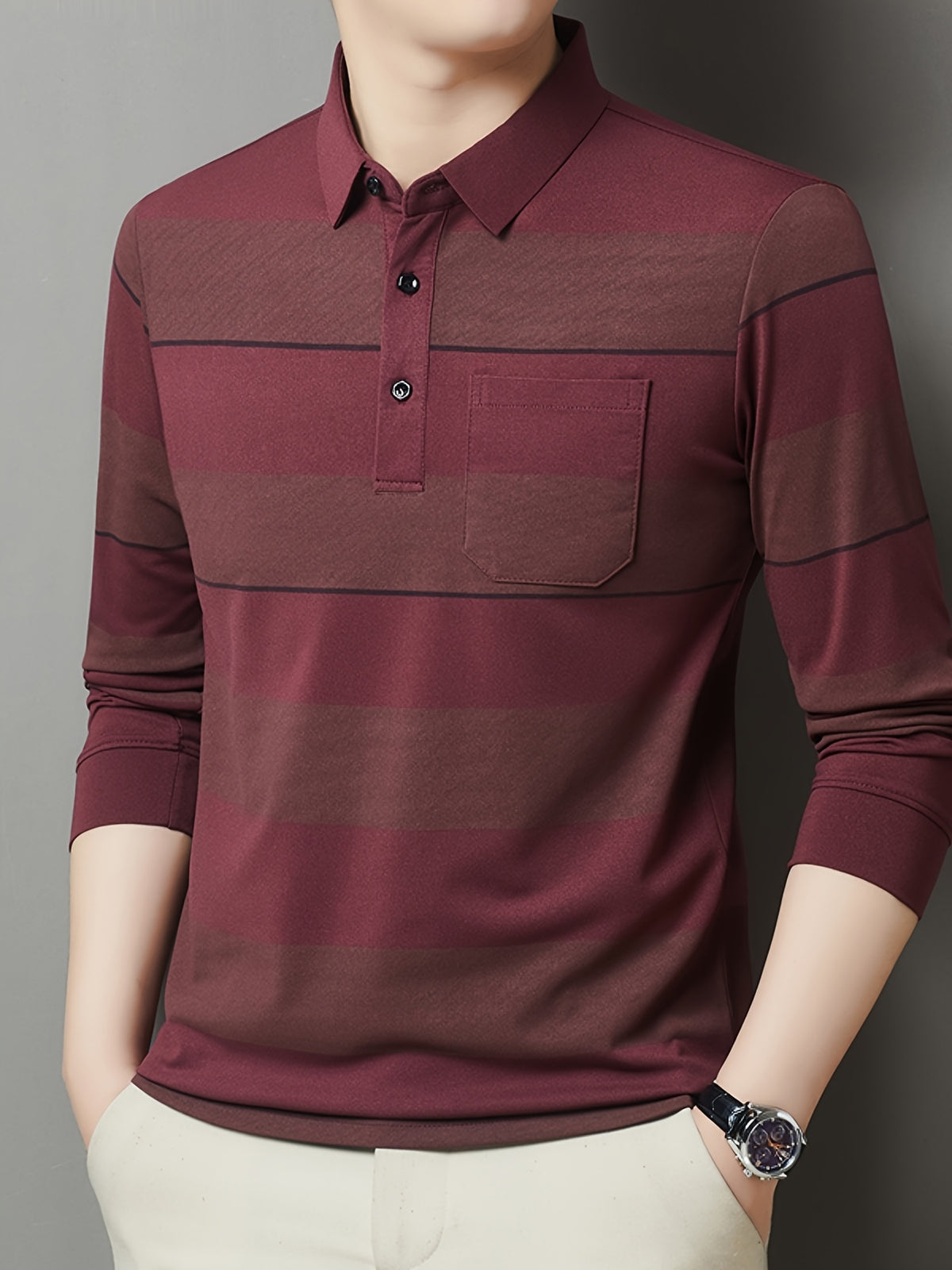 SaXing OBM Men's New Spring/Autumn Polo Shirt, Contrast Color Half-Open Placket Single-Breasted Polo Collar Long Sleeve Pullover Base Layer Top, Suitable for Spring, Summer, Autumn, and Winter Wear, Versatile for Daily and Casual Wear - Red