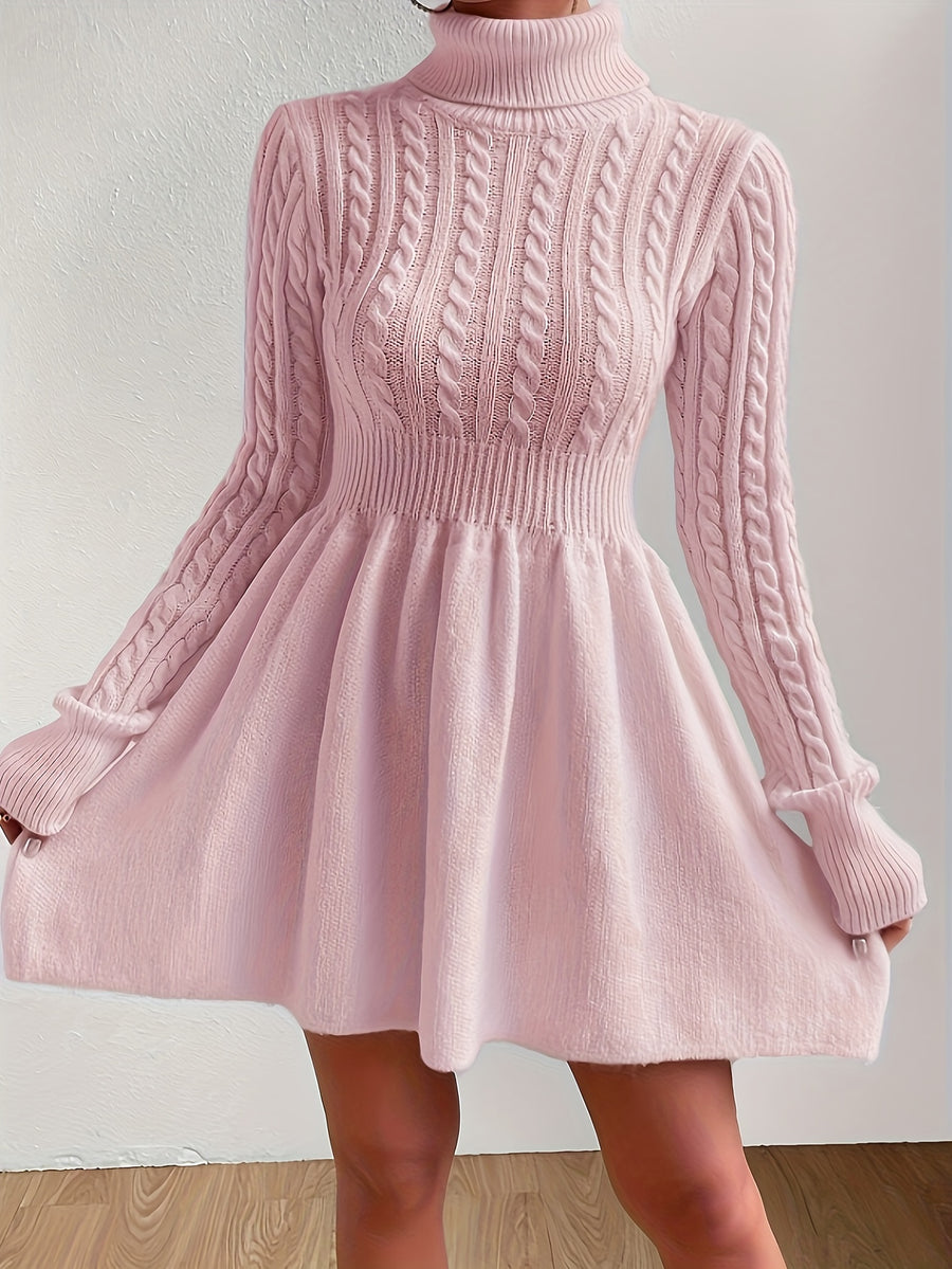 High-Neck Pink Mini Sweater Dress A-Line Dress Christmas Sweater Dress for Women - Pink Color