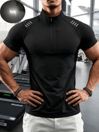 Men'S Muscular Fitness High-Elastic Training Quick-Dry Fitness Wear, Individual Print Patterns, Slim Fit Summer Casual Short Sleeve Shirt T-Shirt - Breathable Elastic Fabric, Stand-Up Collar Design with Open Chest Zipper - Black