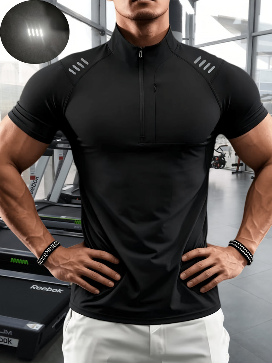 Men'S Muscular Fitness High-Elastic Training Quick-Dry Fitness Wear, Individual Print Patterns, Slim Fit Summer Casual Short Sleeve Shirt T-Shirt - Breathable Elastic Fabric, Stand-Up Collar Design with Open Chest Zipper - Black