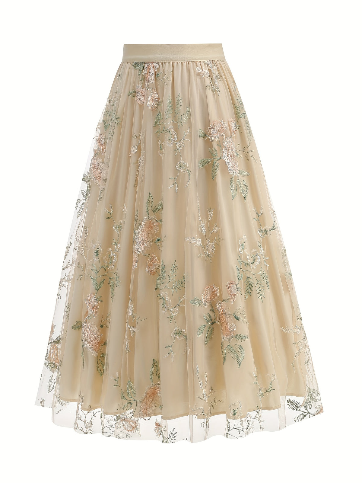 Women'S Elegant Mesh Embroidery Retro Versatile Party Midi Skirt - Apricot