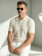 Business-mature Casual Men's Vertical Stripe Twisted Cable Knit Lapel Short-sleeve Polo Shirt, Slim-fit Lightweight Breathable Knit Top, Suitable for Daily, Office, and Weekend Outings in Summer - Apricot