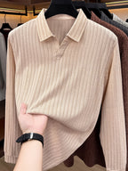 Men's Buttonless V-Neck Long-Sleeve Polo Shirt with Vertical Stripe Knit Lapel - Off-white