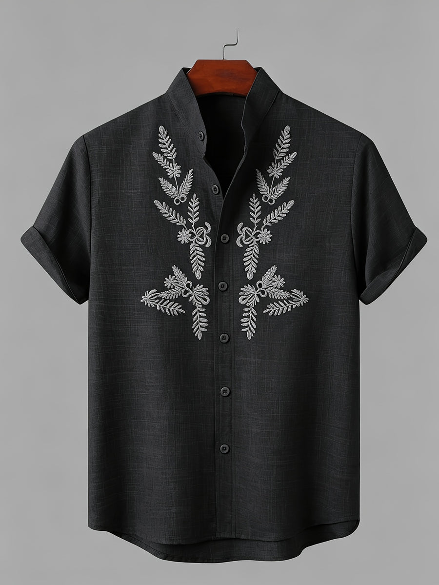 New Summer Men's Stand Collar Short-Sleeve Shirt, 100% Pure Cotton Bohemian Style Embroidered Pattern Casual Shirt, Comfortable and Breathable Fabric, Versatile Daily Top, an Excellent Choice for Home, Outings, Travel, and Beach Vacations - Black