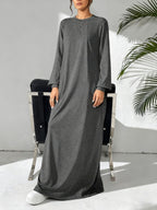 Women'S Casual Solid Color Arabic Style Dress, Spring/Autumn Season, Easy Long Sleeve Dress, Perfect for Beach/Casual/Vacation/Home Wear/Daily Wear - Graphite Color