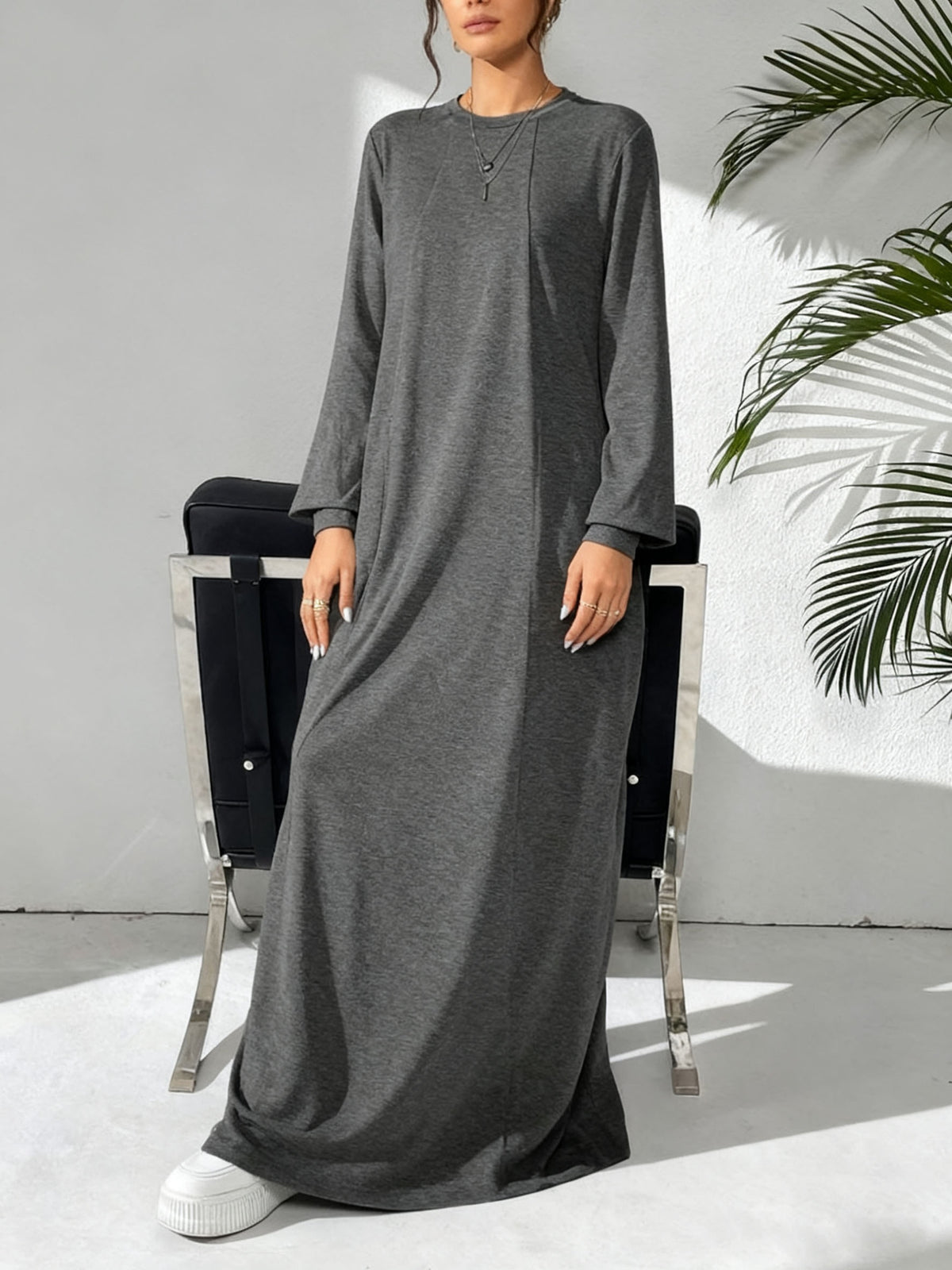 Women'S Casual Solid Color Arabic Style Dress, Spring/Autumn Season, Easy Long Sleeve Dress, Perfect for Beach/Casual/Vacation/Home Wear/Daily Wear - Graphite Color