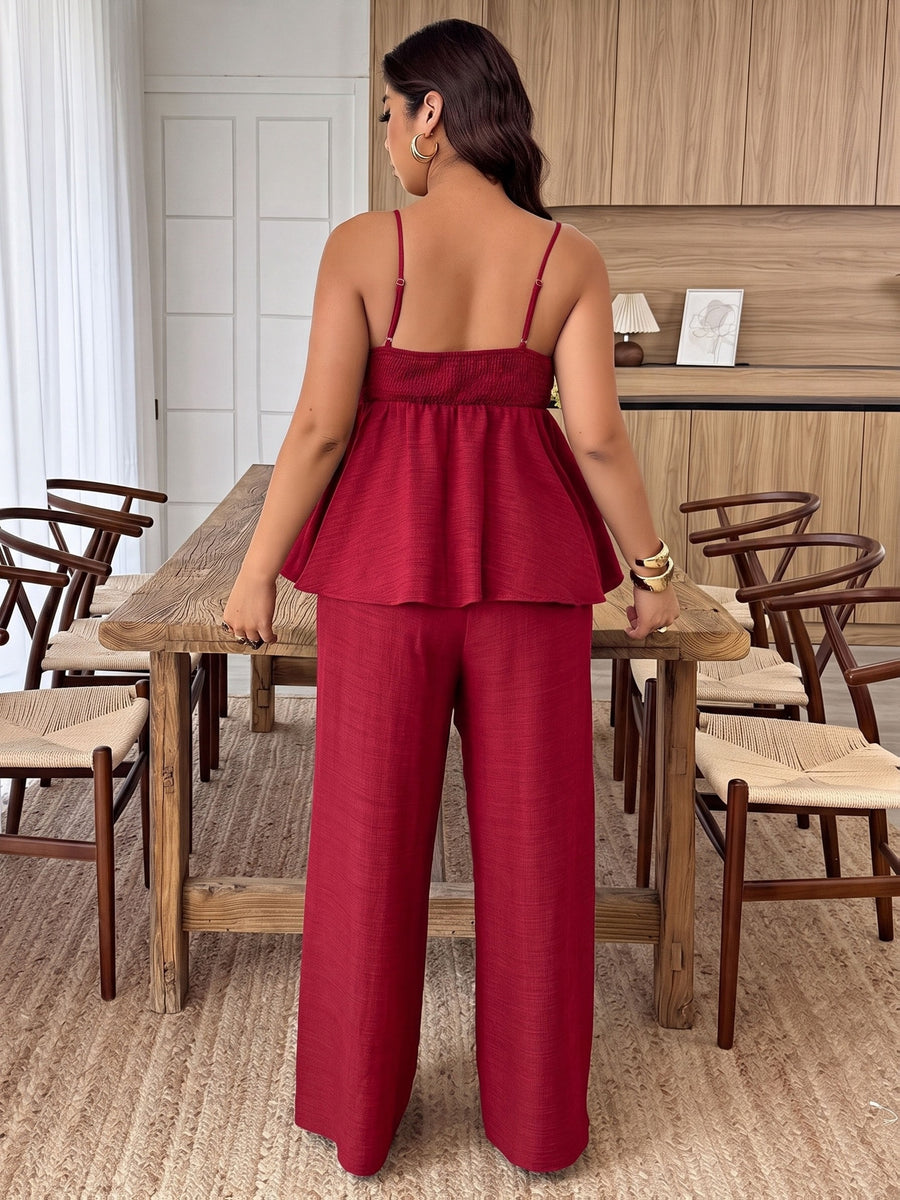 Women'S Solid Color Thin Strap Ruffled Elegant Pullover Sweater And Straight Solid Color Long Pants, Summer New Casual to Formal Wear, Designer Style, Beautiful Two-Piece Pants Set - Red