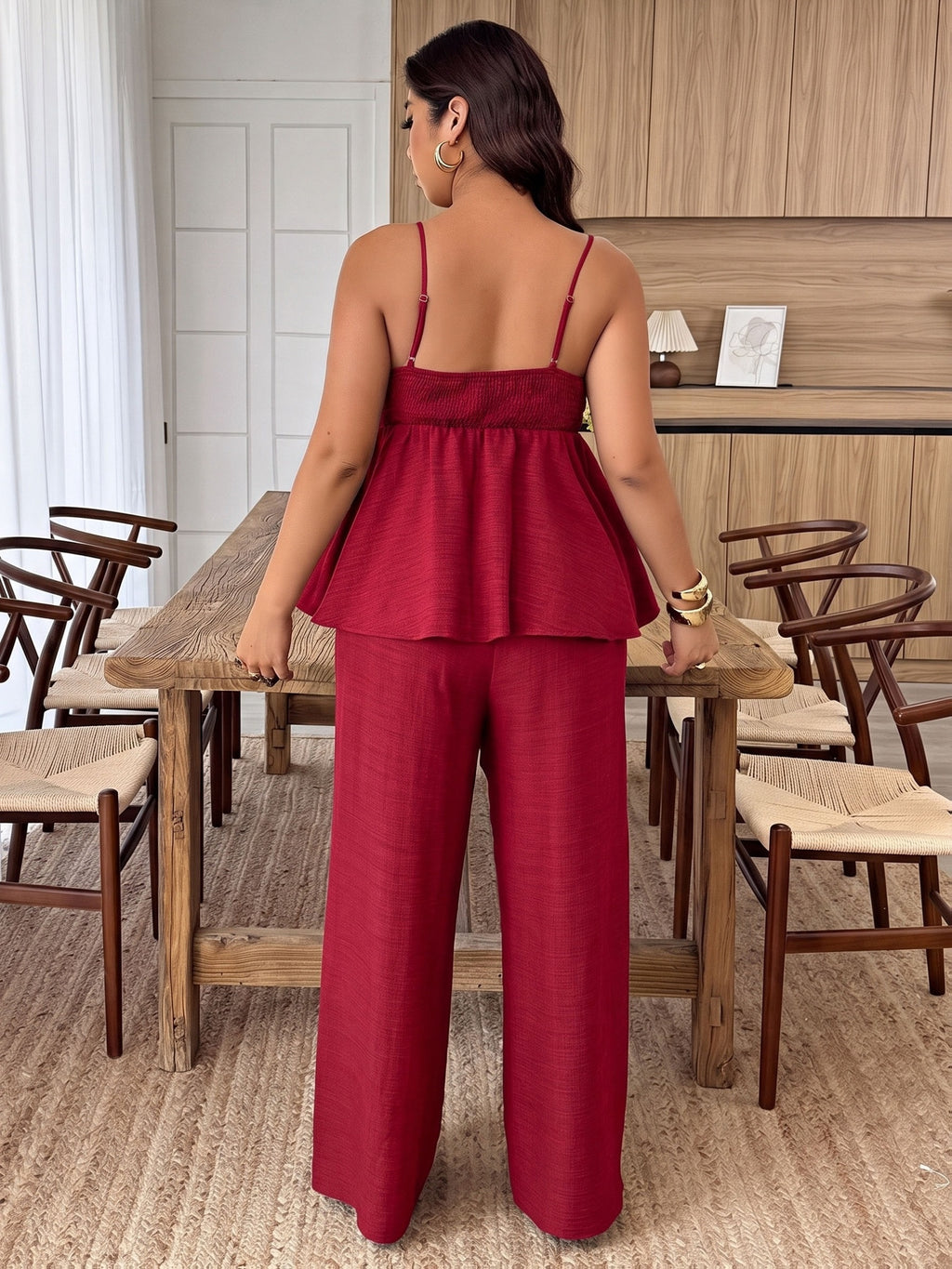 Women'S Solid Color Thin Strap Ruffled Elegant Pullover Sweater And Straight Solid Color Long Pants, Summer New Casual to Formal Wear, Designer Style, Beautiful Two-Piece Pants Set - Red