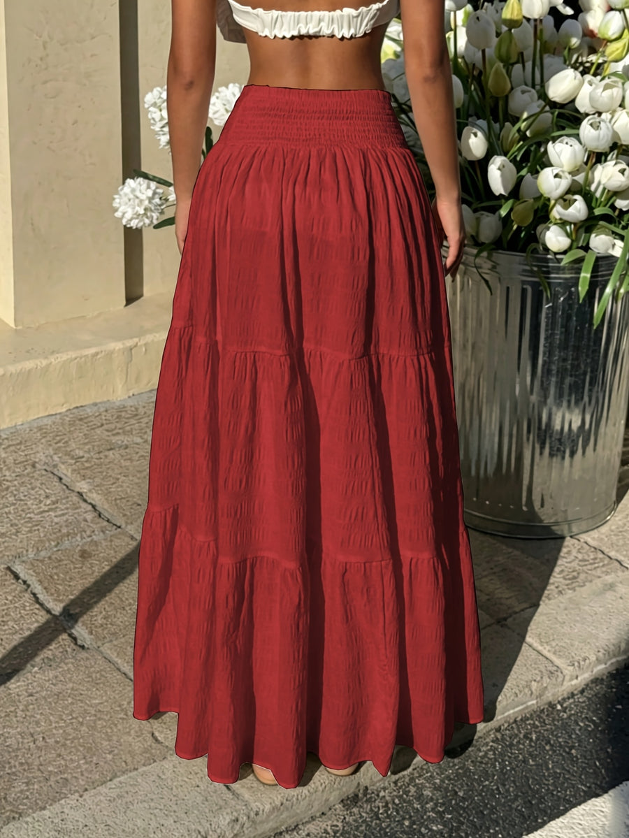 Women'S Spring Autumn Pleated Texture Half Skirt, Elastic Shirring Layered Solid Color Skirt - Red
