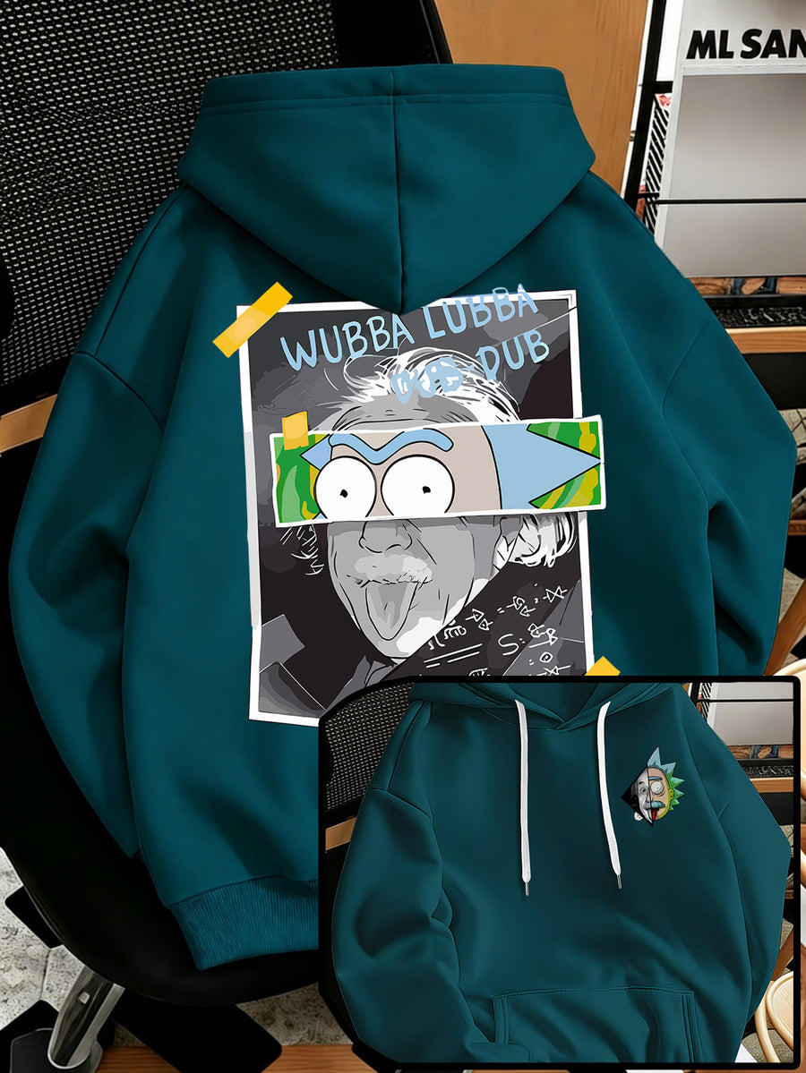 Warner Bros Official Men's Fashion Sweatshirt, Rick's Classic Catchphrase Collage Einstein Polaroid Print Design, Men's Fashion Hoodie Loose Fit with Adjustable Drawstring, -Lined Sweatshirt for Comfortable Fall/Winter Wear, Outdoor Sports Casual - Deep Green